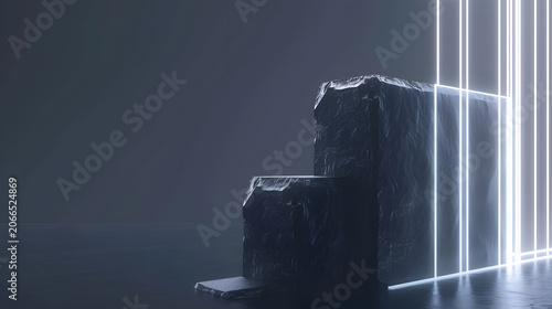 Dark iron monolith extruding into ordered iridescent platinum strands