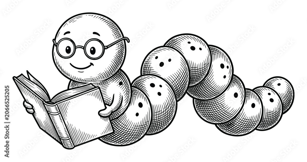 Φωτογραφία A cute cartoon bookworm character wearing glasses and reading an open book in a