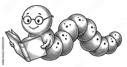 Photos A cute cartoon bookworm character wearing glasses and reading an open book in a