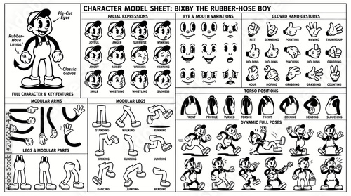 Bixby The Rubber-Hose Boy Character Model Sheet Animation Design
