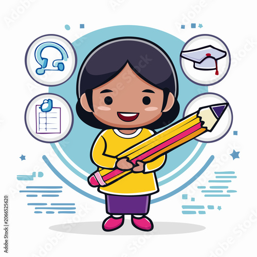 Cute student with pencil and education icons