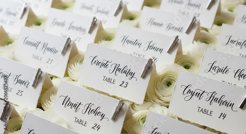 A neat rows of white wedding seating cards with cursive calligraphy and silver clips, arranged on top of a lush layer of white ranunculus flowers.