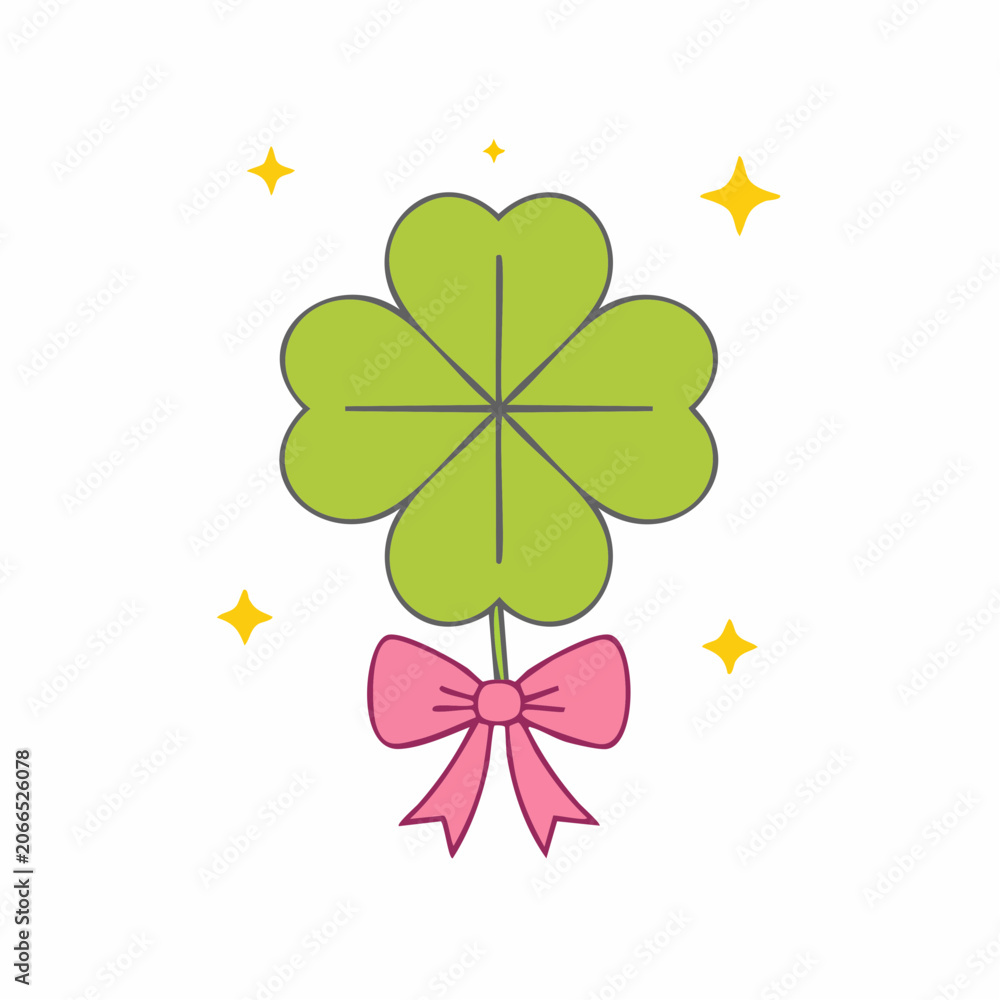 Fototapeta premium Four Leaf Clover with Pink Bow and Stars