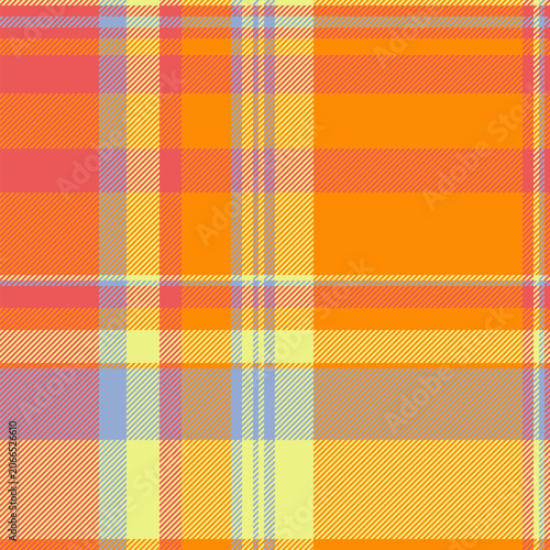A traditional tartan plaid design with orderly checks and a woven fabric look. Orange and red tones give the seamless fabric pattern classic fabric heritage for apparel prints. It fits craft projects.