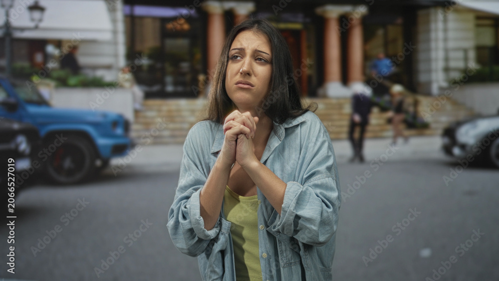 Fototapeta premium Woman with hands clasped pleading on a city street in front of a building entrance, eyes closed and brow furrowed; desperation.