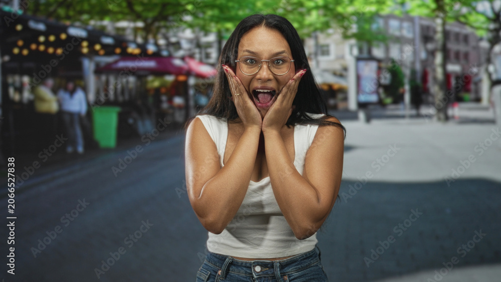 Fototapeta premium Young woman presses hands to cheeks in shocked surprise on street with cafe scene and outdoor lights; spontaneous joy.