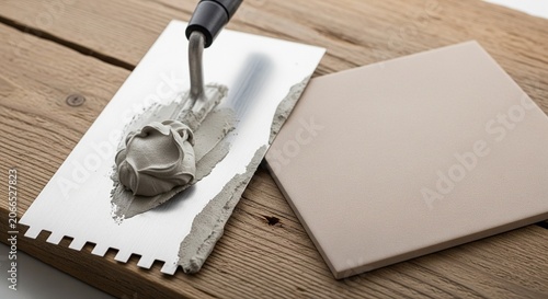 A close-up shot of a stainless steel trowel with gray wet mortar or tile cement on a wooden board next to a square tile.
