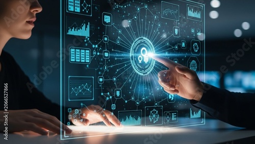 Futuristic Digital Interface with Data Visualization and AI Network Integration System File Concept