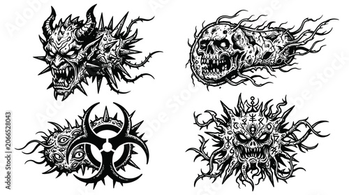 Tableau sur toile Demonic Virus Icons: Skull, Biohazard, Evil Faces