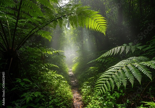 Lush Green Rainforest Path with Sun Rays, Misty Tropical Jungle Trail, Vibrant Foliage, Serene Wilderness Adventure