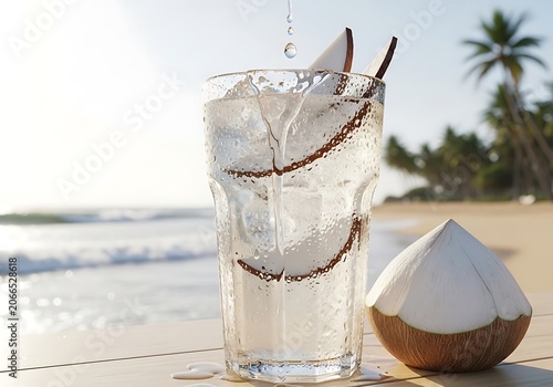 Fresh Coconut Water Drink on Tropical Beach with Ice and Palm Trees. Refreshing Summer Vacation Beverage.