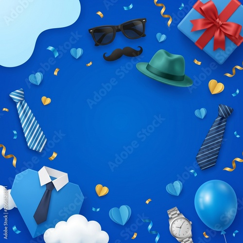 Father's Day Celebration Background with Ties, Hat, Sunglasses, Gift Box, Balloon, and Confetti
