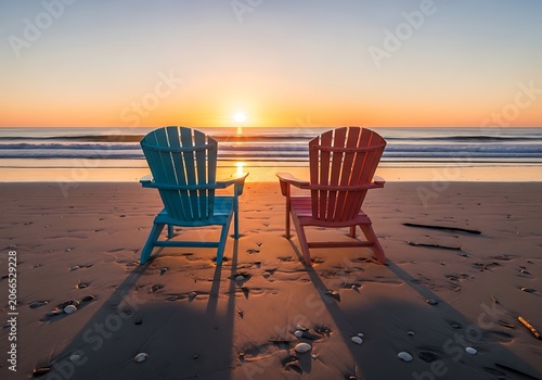 Romantic Beach Sunset with Two Adirondack Chairs Peaceful Ocean View, Summer Vacation  Relaxation
