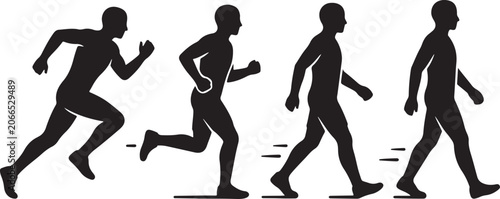 Runner slowing to walk transition icon, male motion sequence vector isolated background