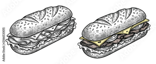 Photos Hand-drawn of two delicious submarine sandwiches with fresh ingredients isolated