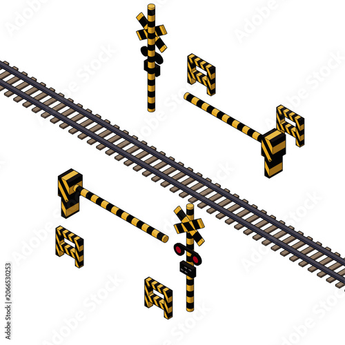 遮断機と線路のアイソメトリックイラスト。鉄道・交通インフラ素材。