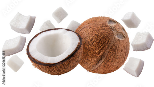 Canvastavla Isolated raw fresh organic tropical coconut fruit whole, half and delicious meat