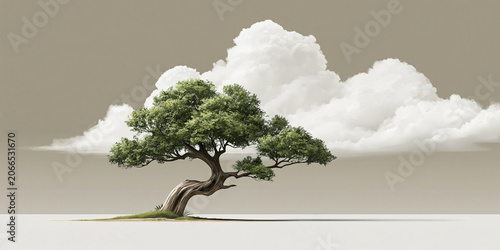 Serenity Amidst the Clouds A solitary, windswept tree stands defiantly against a backdrop of dramatic, billowing clouds, embodying resilience and natural beauty.