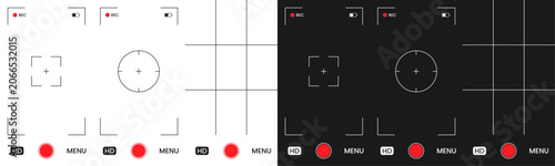 Vertical video recording viewfinder display set. Smartphone 9:16 camera user interface overlay. Phone photo frame full HD format. Mobile transparent record video overlay layout. Vector illustration.