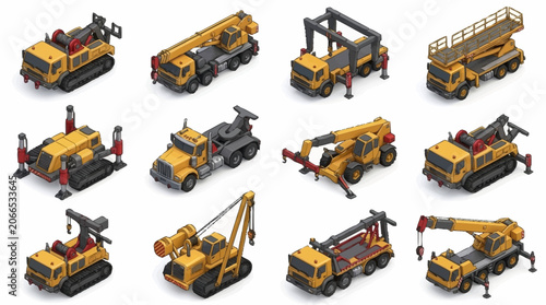 Принти на полотні Collection of yellow construction vehicles in isometric style.