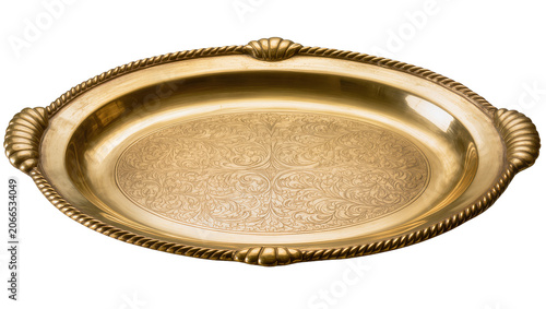 Bild auf Leinwand Isolated elegant antique polished brass oval tray with intricate engraved patter