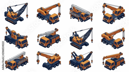 Quadro su tela Collection of orange and blue construction crane trucks.
