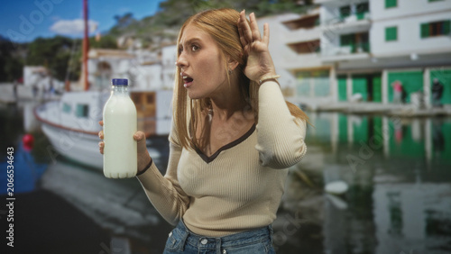 Φωτογραφία Young redhead woman holding a milk bottle cups hand to ear by boats and quay in a marina harbor with waterfront buildings; curiosity discovery