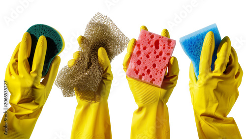 Photos Isolated hands in yellow rubber gloves holding various sponges and scrubbers for cleaning tasks