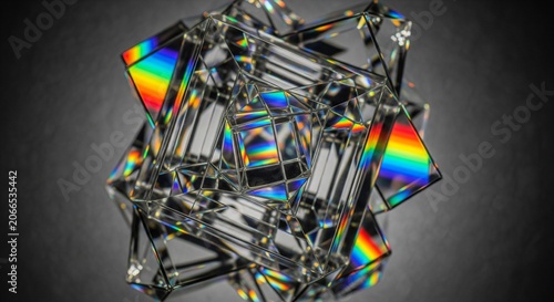 An abstract geometric sculpture made of glass prisms catching light and showing bright rainbow color patterns inside the structure