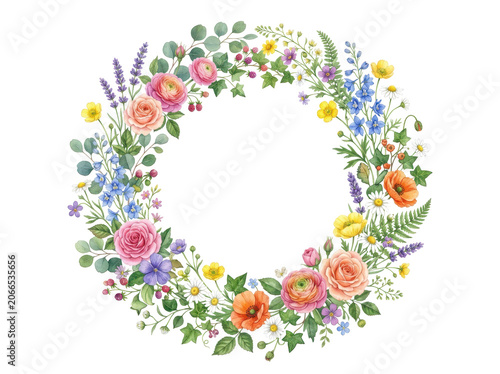 Vibrant floral wreath with pink roses and colorful blooms on white background