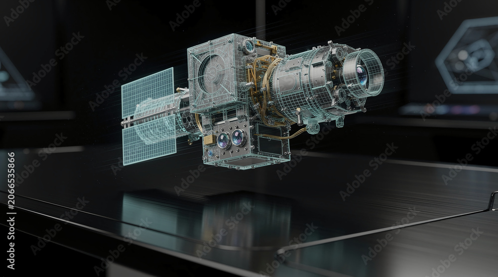 Fototapeta premium Sophisticated 3D holographic render of an advanced artificial satellite, highlighting cutting-edge space technology and aerospace engineering in a futuristic lab