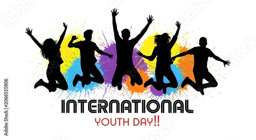 International youth day celebration diverse group jumping with colorful paint splatter