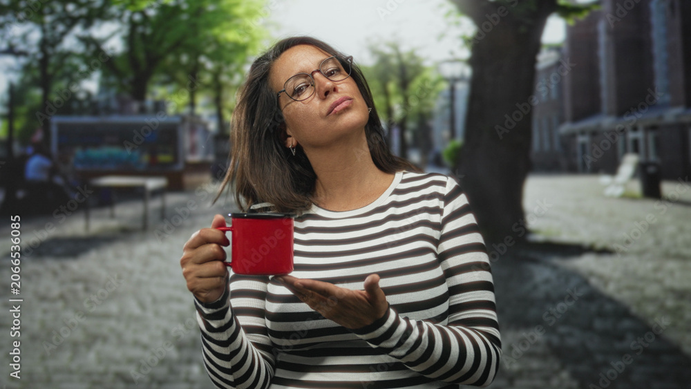 Naklejka premium Woman holding a red mug and presenting open palm on a sunlit cobblestone street near benches and a kiosk; skepticism.