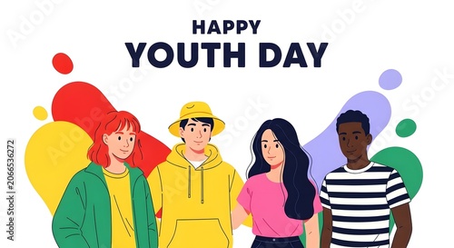 International youth day illustration diverse group of young people celebrating