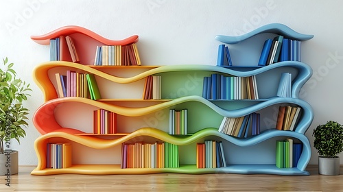 Rainbow Bookshelf Oasis: A vibrant, wave-shaped bookshelf painted in a spectrum of rainbow colors, filled with an assortment of books, standing proudly against a white wall.
