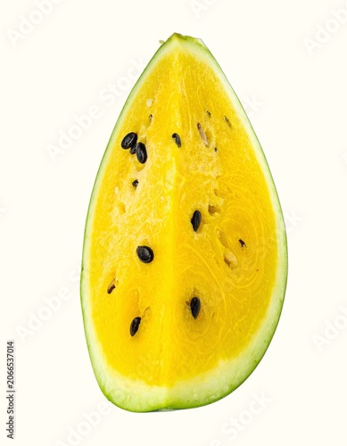 Fresh Sweet Crisp Yellow Watermelon Wedge Displaying Black Seeds Isolated on a White Background