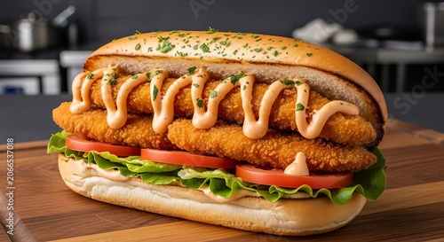 A large sandwich with  with lettuce tomato lettuce  chicken  on a table