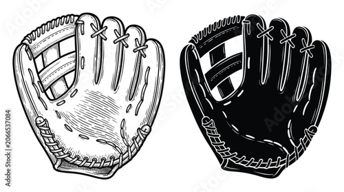 Tableau sur toile Two baseball glove in black and white line style, featuring a detailed and a sol
