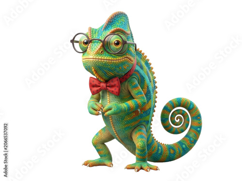 A charming green chameleon wearing glasses and a bow tie stands on a white background.