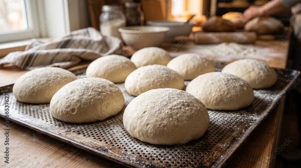 Fototapeta premium Artisanal bread dough rising on rustic tray