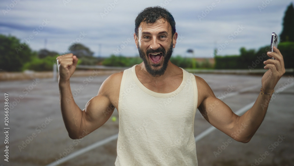 Naklejka premium Man holding smartphone with raised fist and broad smile in a paved street parking area, celebrating a small victory on screen; triumph joy.