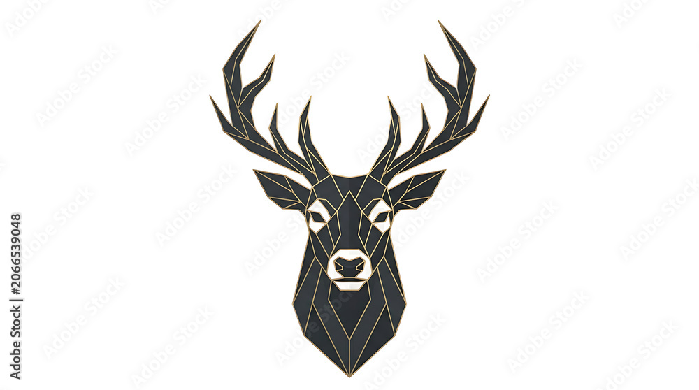 Fototapeta premium Geometric low poly head of a deer with large antlers, black and gold lines on a transparent background, minimalist isolated