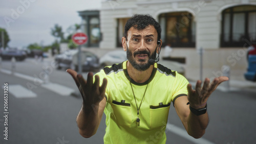 Obraz na plátne Man with whistle on lanyard, beard and headset microphone, hands open in pleading gesture near crosswalk by building on street; frustration