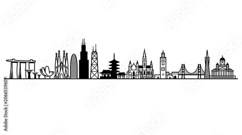 Minimal World Landmark Skyline Illustration with Famous Global Architecture and Travel Destination Silhouettes