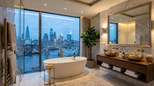  Modern bathroom with city skyline view