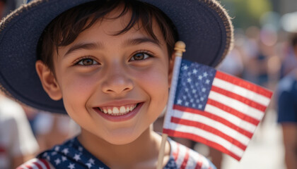 Smiling Young Boy Wearing Hat and Holding Small American Flag at Fourth of July Parade Celebration