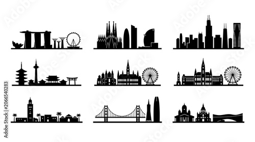 World City Skyline Silhouettes Collection with Famous Landmarks and Urban Landmark Horizons