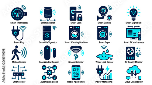 Smart Home and IoT Technology Icons Set with Connected Devices, Automation and Intelligent Systems