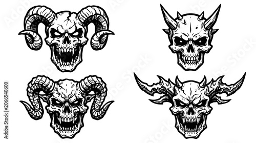 Obraz na płótnie Demon Skulls Collection: Horned, Scary, Gothic, Horror, Tattoo Art