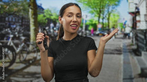 Tableau sur toile Woman holding microphone with palm up gesture on street near parked bicycles and sidewalk steps; confidence